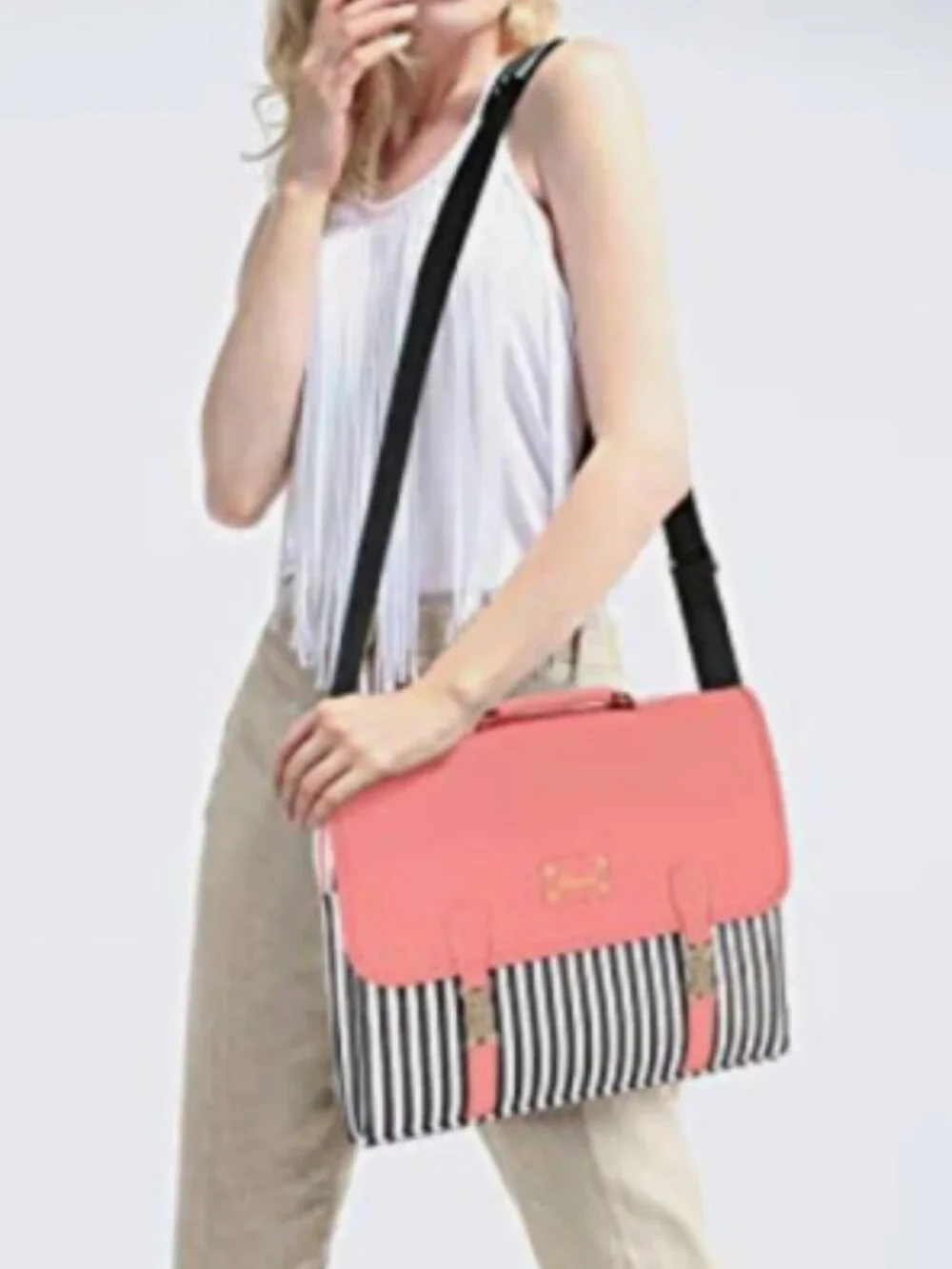 Kambui 15.6” Laptop Bag / Computer Tote – Pink & Black Striped